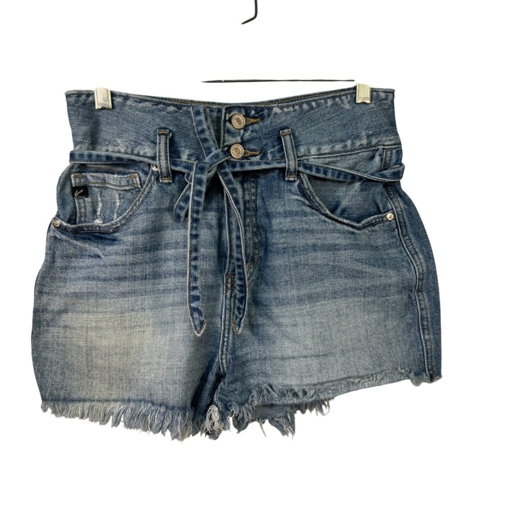 Kancan Womens High-Waisted Denim Shorts With Tie Belt & Frayed Hem